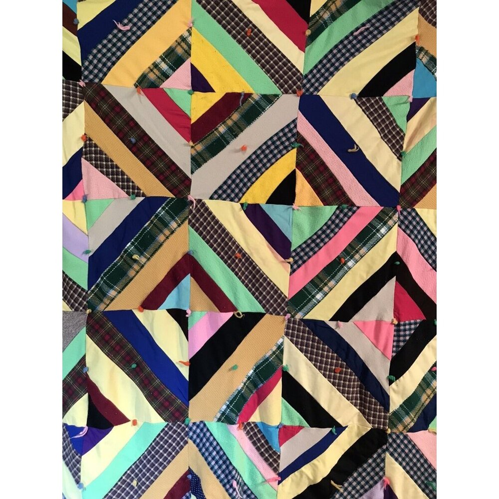 Vintage 1970s Quilt Diamond Crazy Polyester Wool Grannycore Hippie - Picture 5 of 12